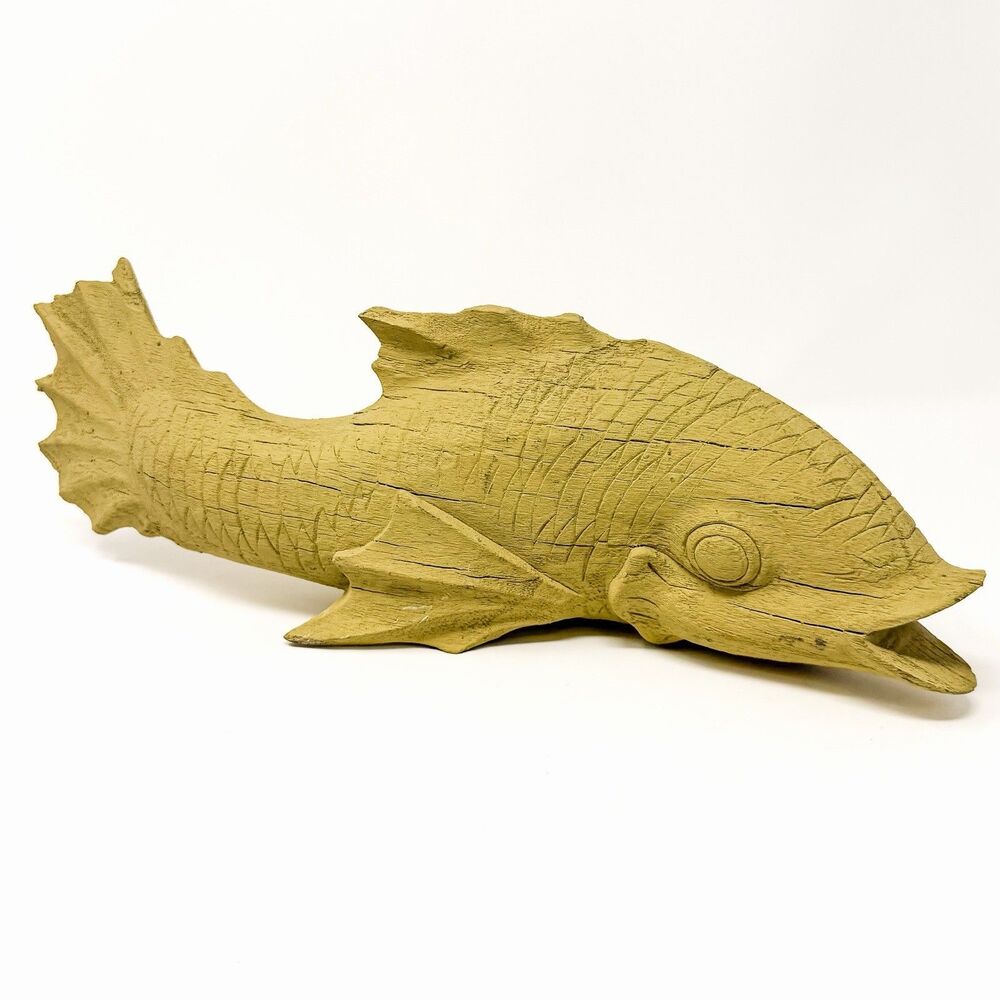 Hand Carved Wood Fish Sculpture 15” Primitive Folk Art Rustic Coastal Decor